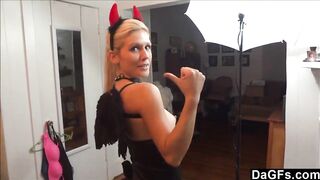 My wife tries her new demon costum and feels horny