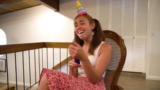 Birthday Babe Gets first Sex Toy before Spanking, then Sucks and Rides to Celebrate!