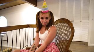 Birthday Babe Gets first Sex Toy before Spanking, then Sucks and Rides to Celebrate!