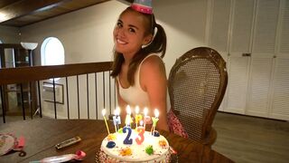 Birthday Babe Gets first Sex Toy before Spanking, then Sucks and Rides to Celebrate!