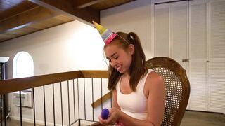 Birthday Babe Gets first Sex Toy before Spanking, then Sucks and Rides to Celebrate!