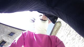 pink outfit in outdoor blowjob and oral creampie