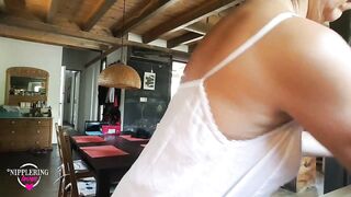 Nippleringlover Flashing Pierced Tits with Monster Nipple Rings while Working in Kitchen at Home