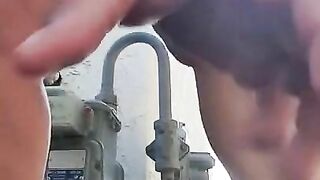 Hairy pussy had to piss in a public setting.  Mature woman