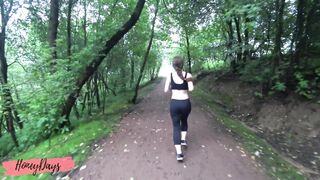 Cumshot on Leggings of Athletic Beauty after Jogging