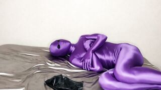 Layered purple zentai with microhole rubber breathing control mask 2