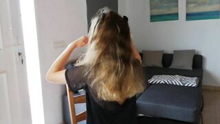 Pissing in her hair while she combs