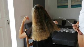 Pissing in her hair while she combs