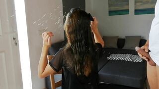 Pissing in her hair while she combs