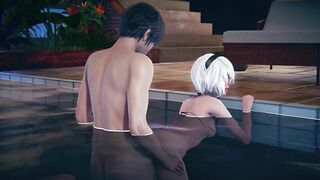 2B gets fucked doggystyle in the pool