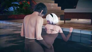 2B gets fucked doggystyle in the pool