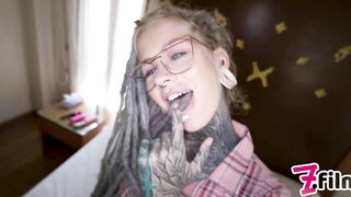 Nerdy TATTOO teen in glasses POV rough ANAL fuck - gape, deepthroat, facial cumshot