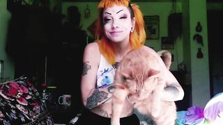 Tattooed milf is convinced to show off and play with her big fat hairy pussy