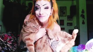 Tattooed milf is convinced to show off and play with her big fat hairy pussy