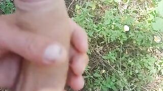 close up big dick wanking in the woods