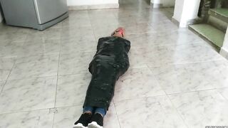 Tape Mummified Girl Pantyhose Hooded And Ball Gagged