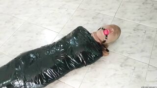 Tape Mummified Girl Pantyhose Hooded And Ball Gagged