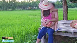 4K Thai Version Cut, Local farmers Thai have sex in the green fields and cums on her back.