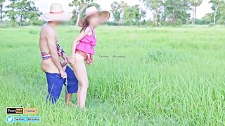 4K Thai Version Cut, Local farmers Thai have sex in the green fields and cums on her back.