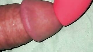 Husband  trying wife's toy out on his dick