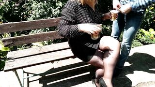 MILF loves cum in coffee outdoors in the park