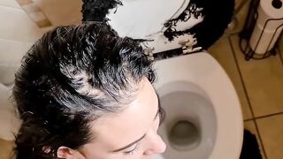 Slut sucking and jerking cock, licking cum off toilet seat