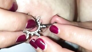 His POV Milf Pierced Nipples, Naval, & Clit all being showed off as she changes her nipple piercings