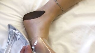 Cum on clear high heel mules and nylon feet