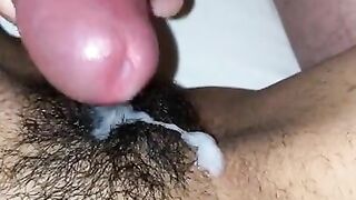 Husband cums all over my hairy pussy