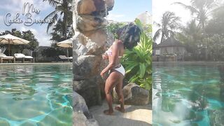 Sexy Ebony, bikini shower at the poolside!