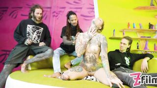 Tattoo maid gets ANAL fucked by 3 guys, big dicks, Ass to mouth, rough fuck