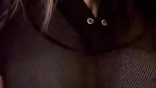 Goth Domme sucking on her own HUGE tits !!!