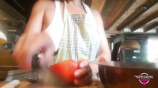 nippleringlover flashing pierced nipples with big heavy nipple ring stretching nipple while cooking