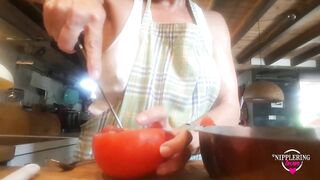 nippleringlover flashing pierced nipples with big heavy nipple ring stretching nipple while cooking