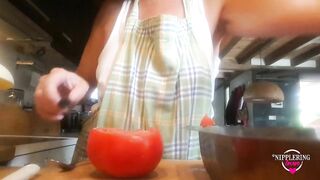 nippleringlover flashing pierced nipples with big heavy nipple ring stretching nipple while cooking