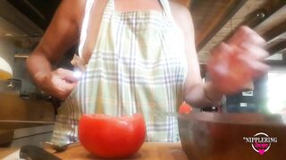 nippleringlover flashing pierced nipples with big heavy nipple ring stretching nipple while cooking