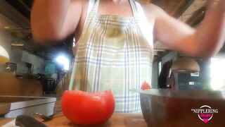 nippleringlover flashing pierced nipples with big heavy nipple ring stretching nipple while cooking