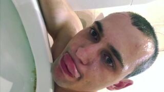 cute guy PISSES on own face while head in toilet | uses his mouth as a toilet | TOILET SLAVE DRI