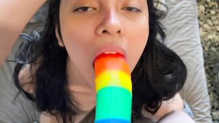 I teach my 18 year old sister to suck a dick for the first time with her dildo