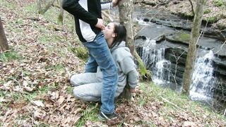 Handcuffed to a tree and deepthroat facefucked