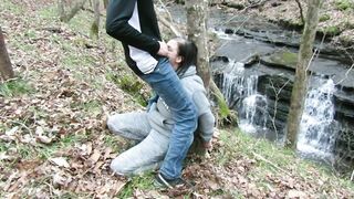 Handcuffed to a tree and deepthroat facefucked