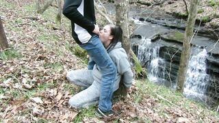 Handcuffed to a tree and deepthroat facefucked