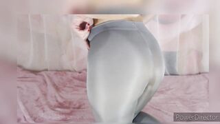 My stepsister in gray pantyhose masturbates her wet pussy