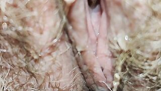 Juicy vagina hides among the curly hair and pisses on your face. In the end you can lick every drop