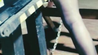 drilled by huge dildo fuck machine while chained bend over on saw horse and