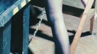 drilled by huge dildo fuck machine while chained bend over on saw horse and