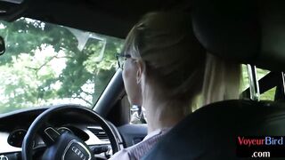 Outdoor voyeur GF teases her BF from car while he jerks cock