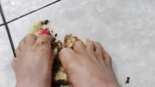 Closeup Smashing filled donuts with my feet