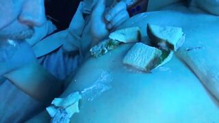 Giggly Submissive "human Plate" Serves Ham and Cheese Sandwich to Dom, on Tits and Pussy