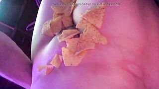 Giggly Submissive "human Plate" Serves Ham and Cheese Sandwich to Dom, on Tits and Pussy